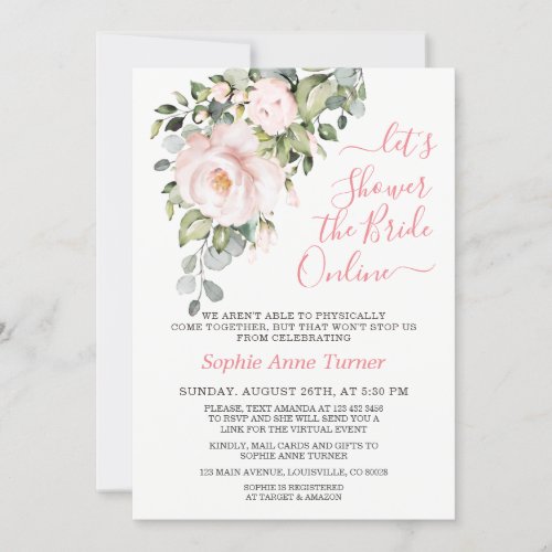 Elegant Pink Blush Flowers Virtual Bridal Shower Invitation