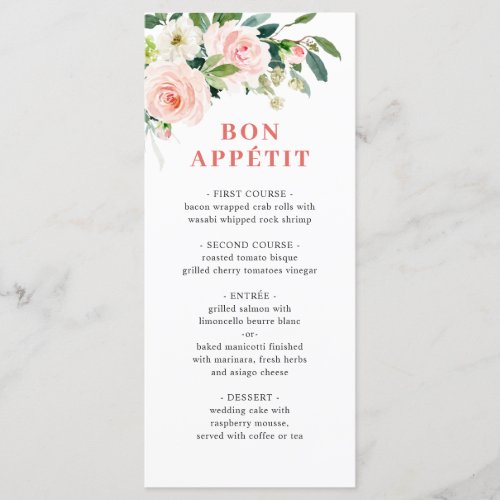 Elegant Pink Blush Flowers Wedding Dinner Menu