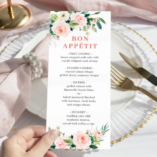 Elegant Pink Blush Flowers Wedding Dinner Menu