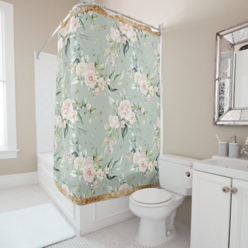Elegant Pink Blush Gold Eucalyptus Sage Shower Curtain