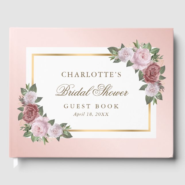Elegant Pink Blush Gold Floral Bridal Shower Guest Book (Front)