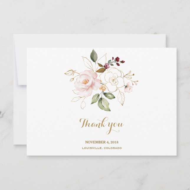 Elegant Pink Blush Gold Floral Wedding Thank You Card (Front)