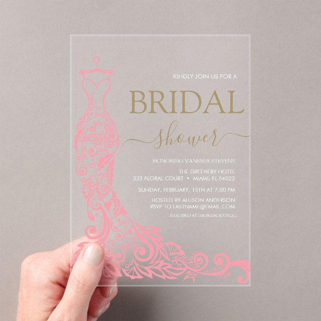 Elegant Pink Blush Gown Bridal Shower Acrylic Invitations (Insitu (Handheld))