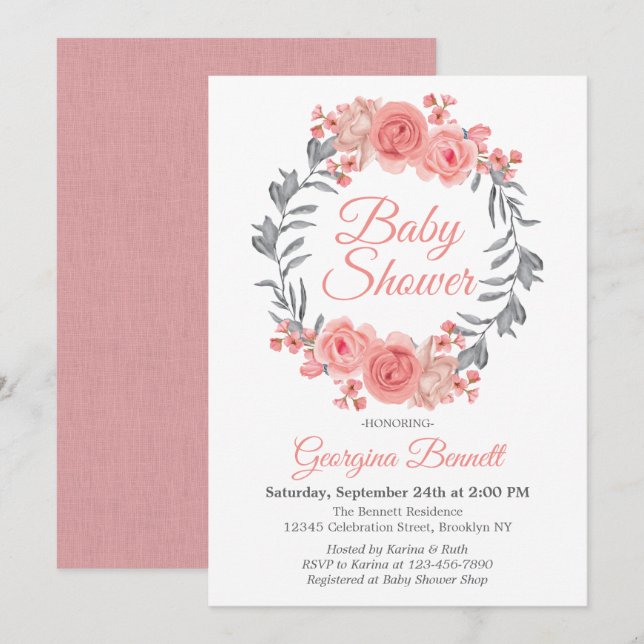 Elegant Pink Blush Gray Floral Wreath Baby Shower Invitation (Front/Back)