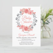 Elegant Pink Blush Gray Floral Wreath Baby Shower Invitation (Standing Front)