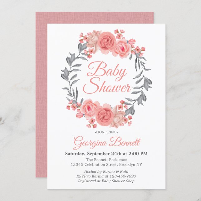 Elegant Pink Blush Gray Floral Wreath Baby Shower Invitation (Front/Back)