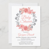 Elegant Pink Blush Gray Floral Wreath Baby Shower Invitation (Front)