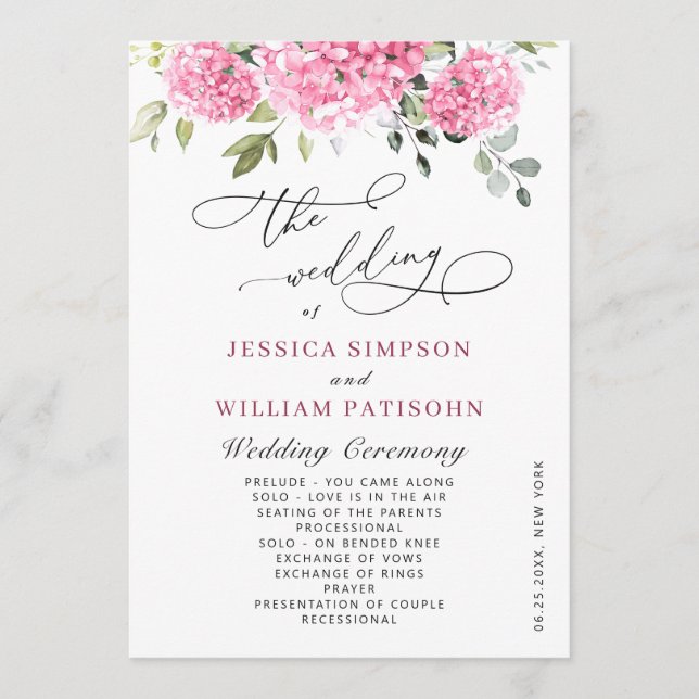 Elegant Pink Blush Hydrangea Boho Wedding Ceremony Program (Front)