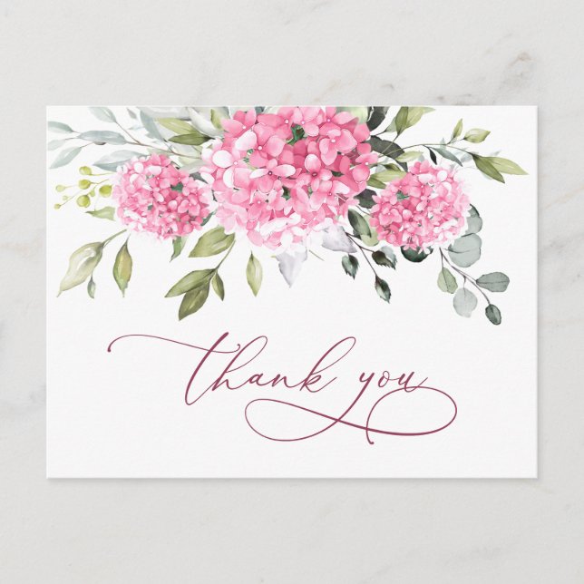 Elegant Pink Blush Hydrangea Eucalyptus Thank You Postcard (Front)