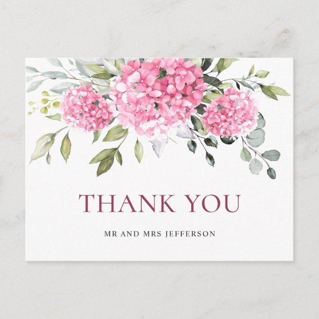 Elegant Pink Blush Hydrangea Eucalyptus Thank You Postcard (Front)