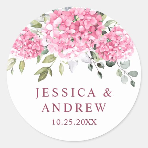 Elegant Pink Blush Hydrangea Eucalyptus Wedding Classic Round Sticker