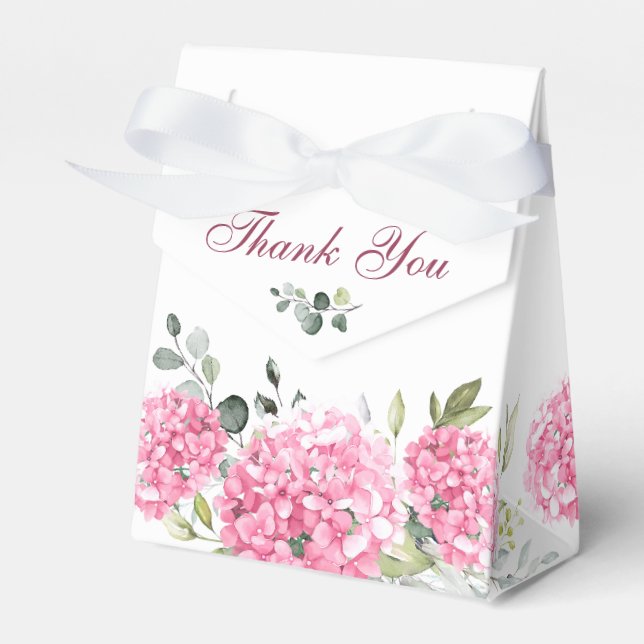 Elegant Pink Blush Hydrangea Eucalyptus Wedding Favor Boxes (Front Side)