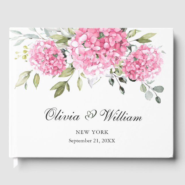 Elegant Pink Blush Hydrangea Eucalyptus Wedding Guest Book (Front)