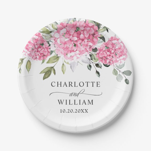 Elegant Pink Blush Hydrangea Eucalyptus Wedding Paper Plates (Front)