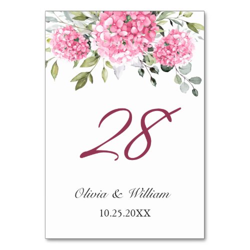 Elegant Pink Blush Hydrangea Eucalyptus Wedding Table Number