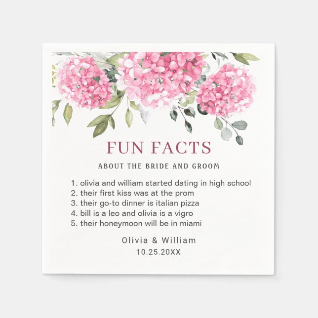 Elegant Pink Blush Hydrangea Fun Facts Wedding Napkins (Front)