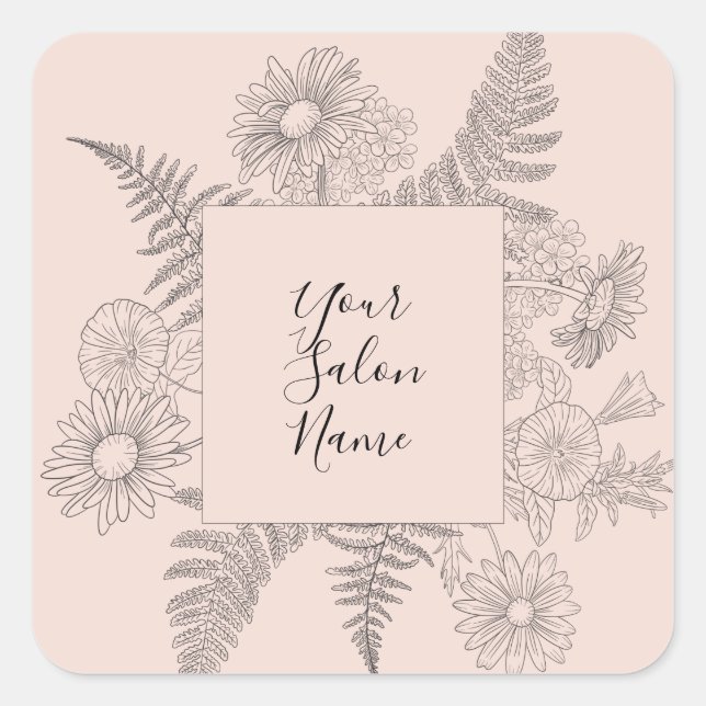 Elegant Pink Blush Line Drawn Flowers Floral Square Sticker (Front)