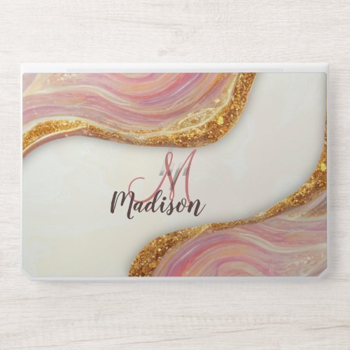 Elegant pink blush marble art faux gold glitter  HP laptop skin