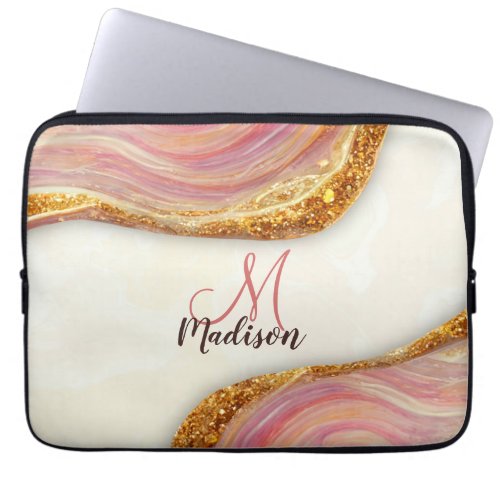 Elegant pink blush marble art faux gold glitter laptop sleeve