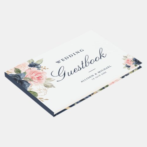 Elegant pink blush & navy floral wedding guestbook