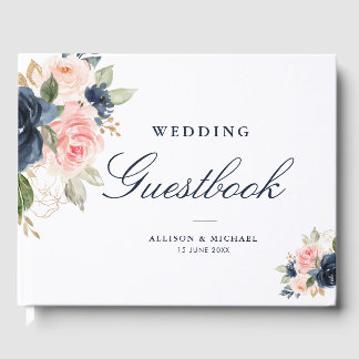 Elegant pink blush & navy floral wedding guestbook