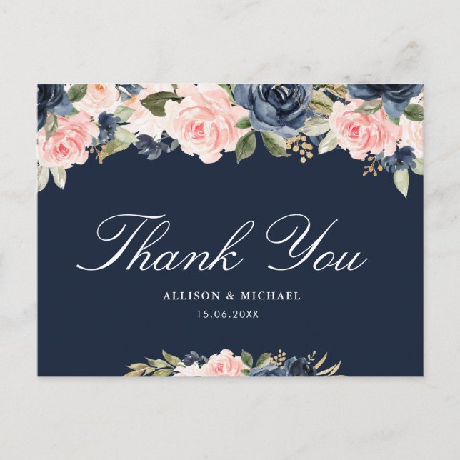 Elegant pink blush & navy floral wedding thank you postcard (Front)