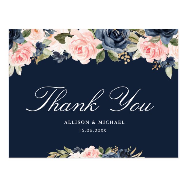 Elegant pink blush & navy floral wedding thank you postcard