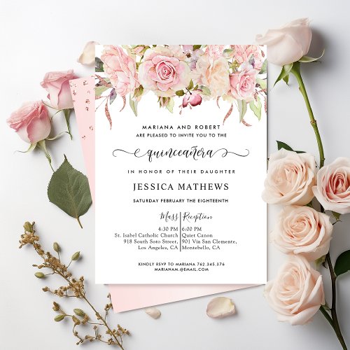  Elegant Pink Blush Pink Rose Gold Quinceaera Invitation