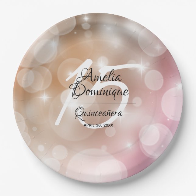Elegant Pink Blush Quinceañera Paper Plates (Front)