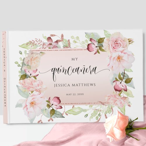 Elegant Pink Blush Rose Gold Floral Quinceaera Guest Book