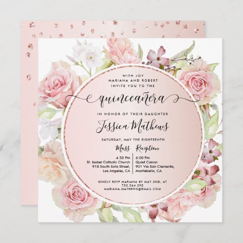 Elegant Pink Blush Rose Gold Floral Quinceanera Invitation