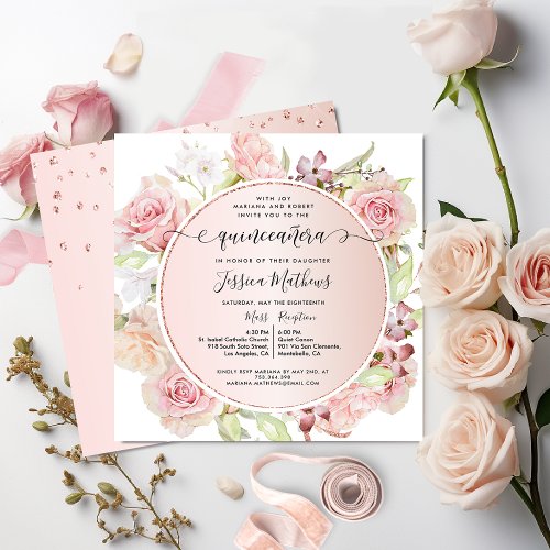 Elegant Pink Blush Rose Gold Floral Quinceanera Invitation