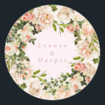 Elegant Pink Blush Rose Romance Wedding Classic Round Sticker<br><div class="desc">A classic elegant design modernised with text and the placement of the watercolor roses & greenery to embellish the Classic Round Sticker. Modern classic style florals. White and pink roses. Stylish classic wedding with this twist of modernism by Phrosne Ras Design - Elegant Rose Romance Watercolor Classic Round Sticker becomes...</div>