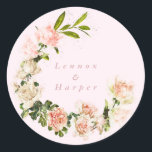 Elegant Pink Blush Rose Romance Wedding Classic Round Sticker<br><div class="desc">A classic elegant design modernised with text in wreath and the placement of the watercolor roses & greenery to embellish the Classic Round Sticker. Modern classic style florals. White and pink roses. Stylish classic wedding with this twist of modernism by Phrosne Ras Design - Elegant Rose Romance Watercolor Classic Round...</div>