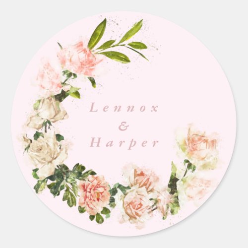 Elegant Pink Blush Rose Romance Wedding Classic Round Sticker