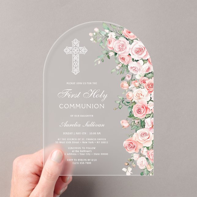 Elegant Pink Blush Roses Arch First Communion Acrylic Invitations (Insitu (Handheld))