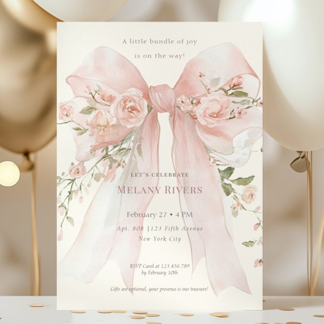 Elegant Pink Blush Roses Bow Baby Shower Invitation (Creator Uploaded)