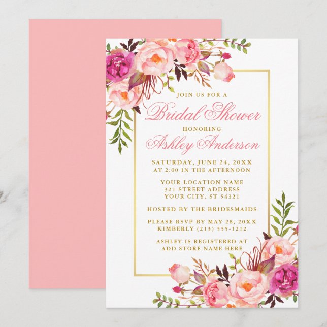 Elegant Pink Blush Roses Bridal Shower Gold Invitation (Front/Back)