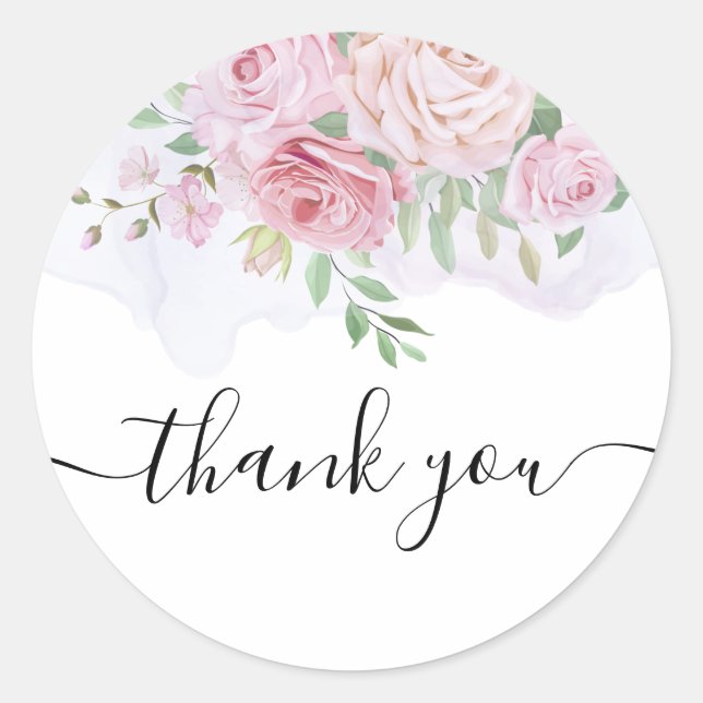 Elegant pink blush roses thank you classic round sticker (Front)