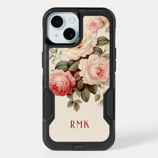 Elegant Pink & Blush Roses w/Monogram iPhone 15 Case (Back)