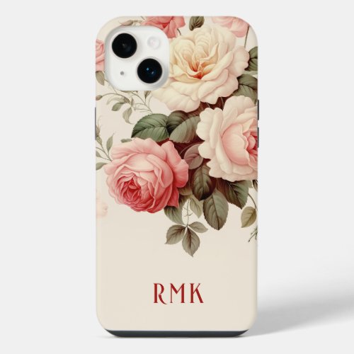 Elegant Pink  Blush Roses wMonogram iPhone 14 Plus Case