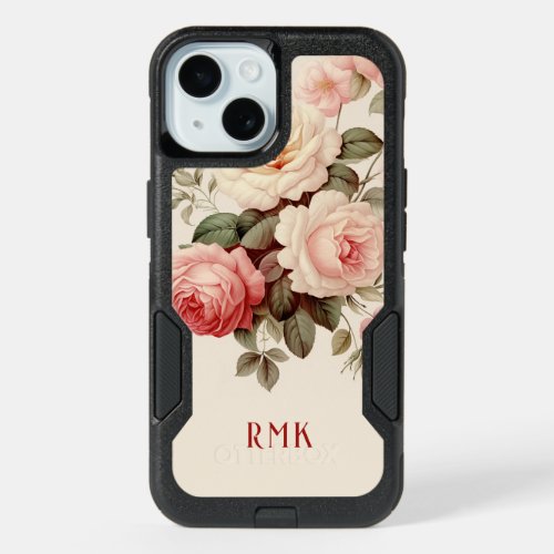 Elegant Pink  Blush Roses wMonogram iPhone 15 Case