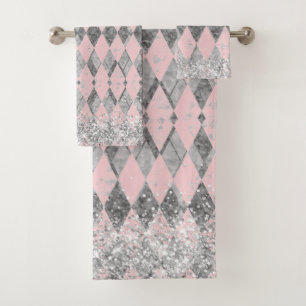 Elegant Pink Blush Silver Harlequin Glitter Bath Towel Set