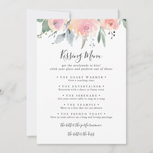 Elegant Pink Blush Wedding Kissing Menu Game Card (Front)