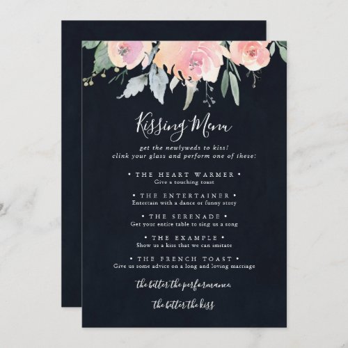 Elegant Pink Blush Wedding Kissing Menu Game Card