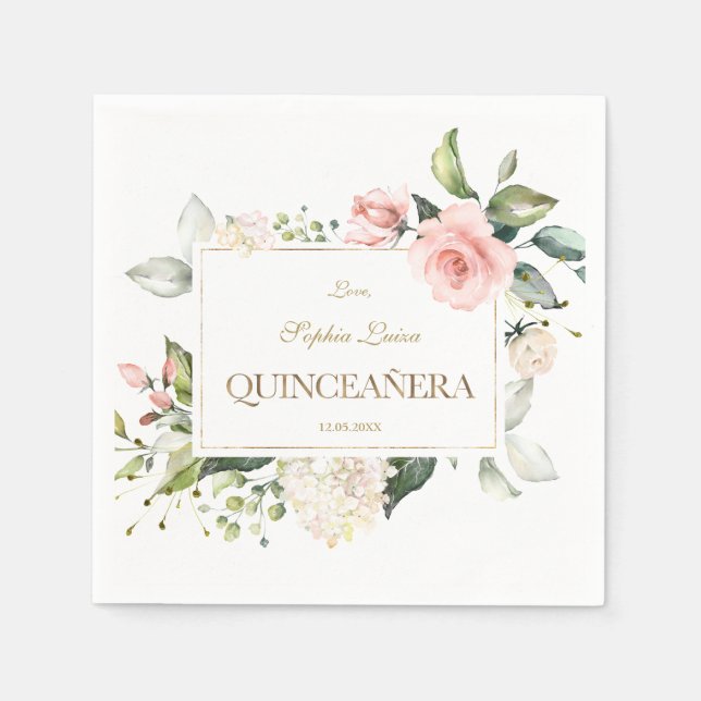 Elegant Pink Blush White Flowers Gold Quinceañera Napkins (Front)