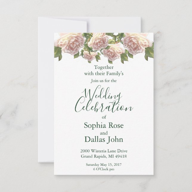 Elegant pink blush white roses invitation (Front)