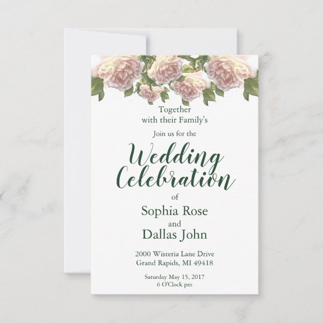 Elegant pink blush white roses Wedding Invitation (Front)