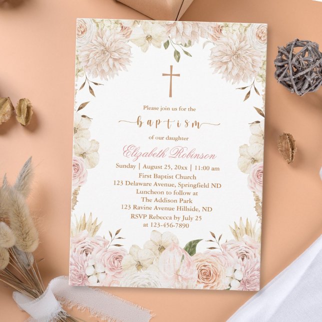 Elegant Pink Boho Floral Baptism Invitation (Creator Uploaded)