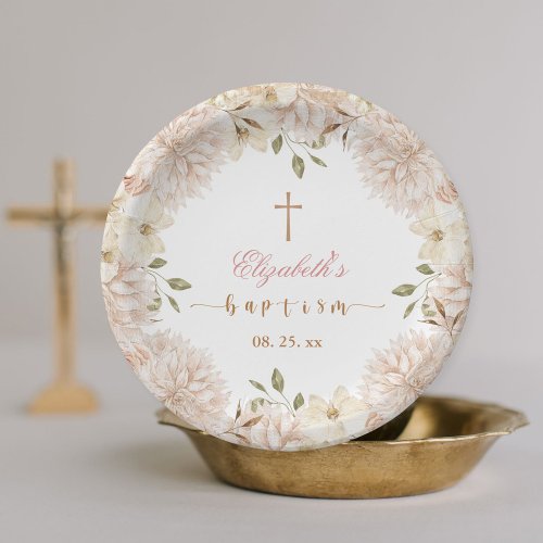 Elegant Pink Boho Floral Baptism Paper Plate